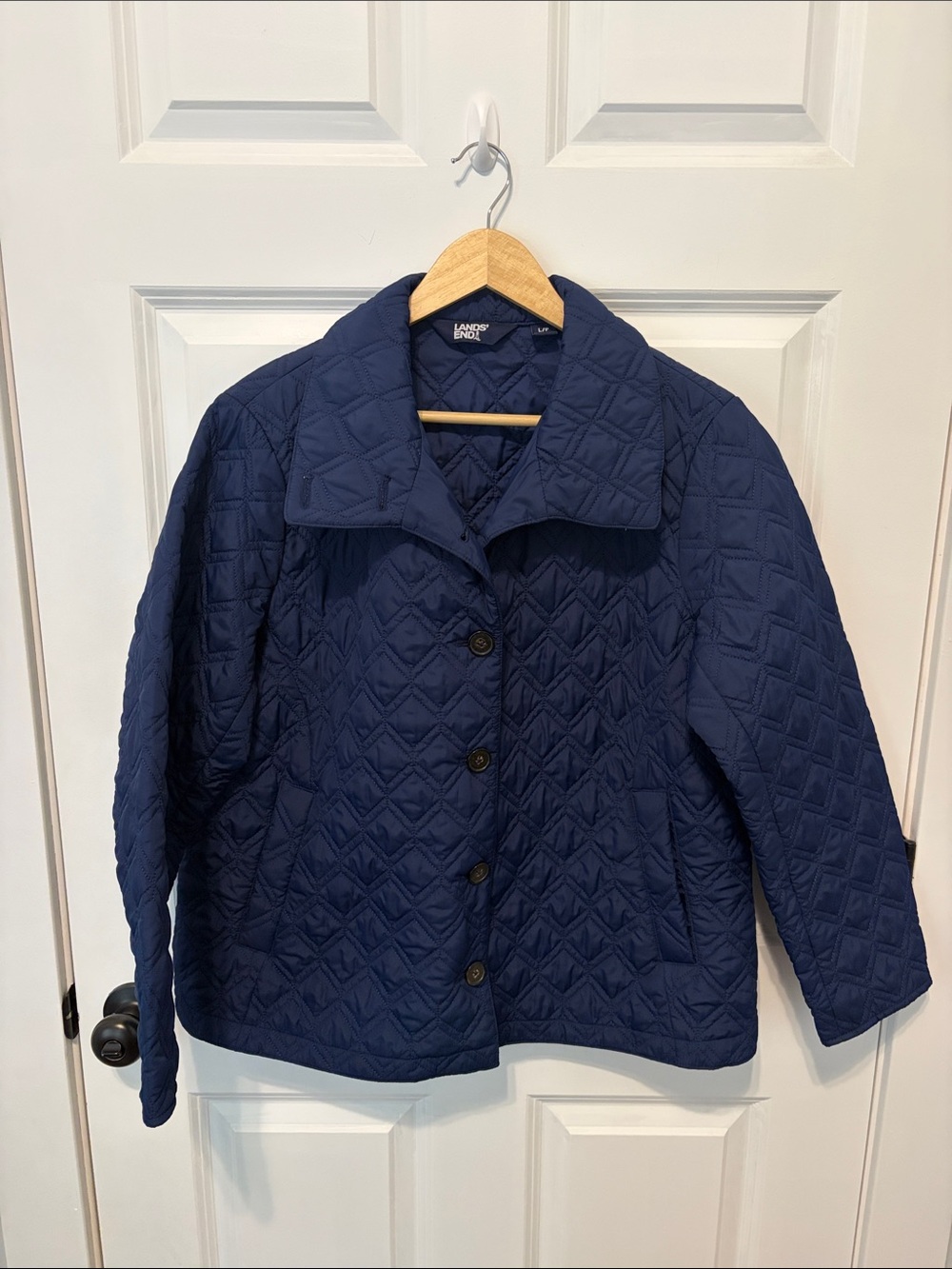Lands' End Navy Diamond-Quilt Button-Front Puffer Jacket